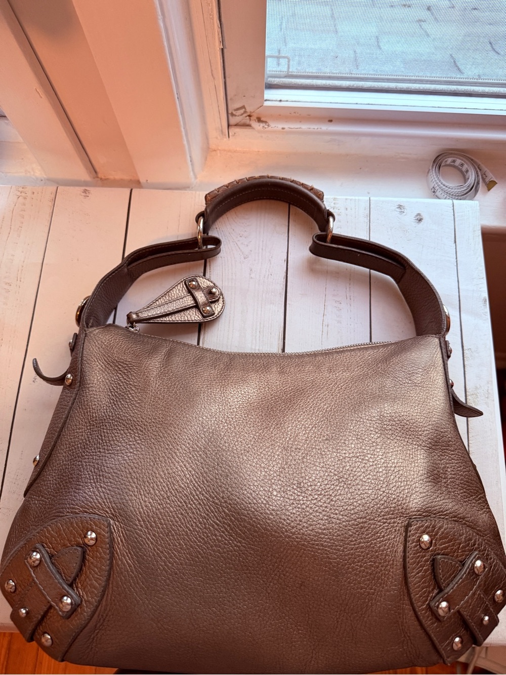 Furla | Vintage Metallic Taupe Pebbled Leather Hobo‎ Shoulder Bag - Picture 2 of 15